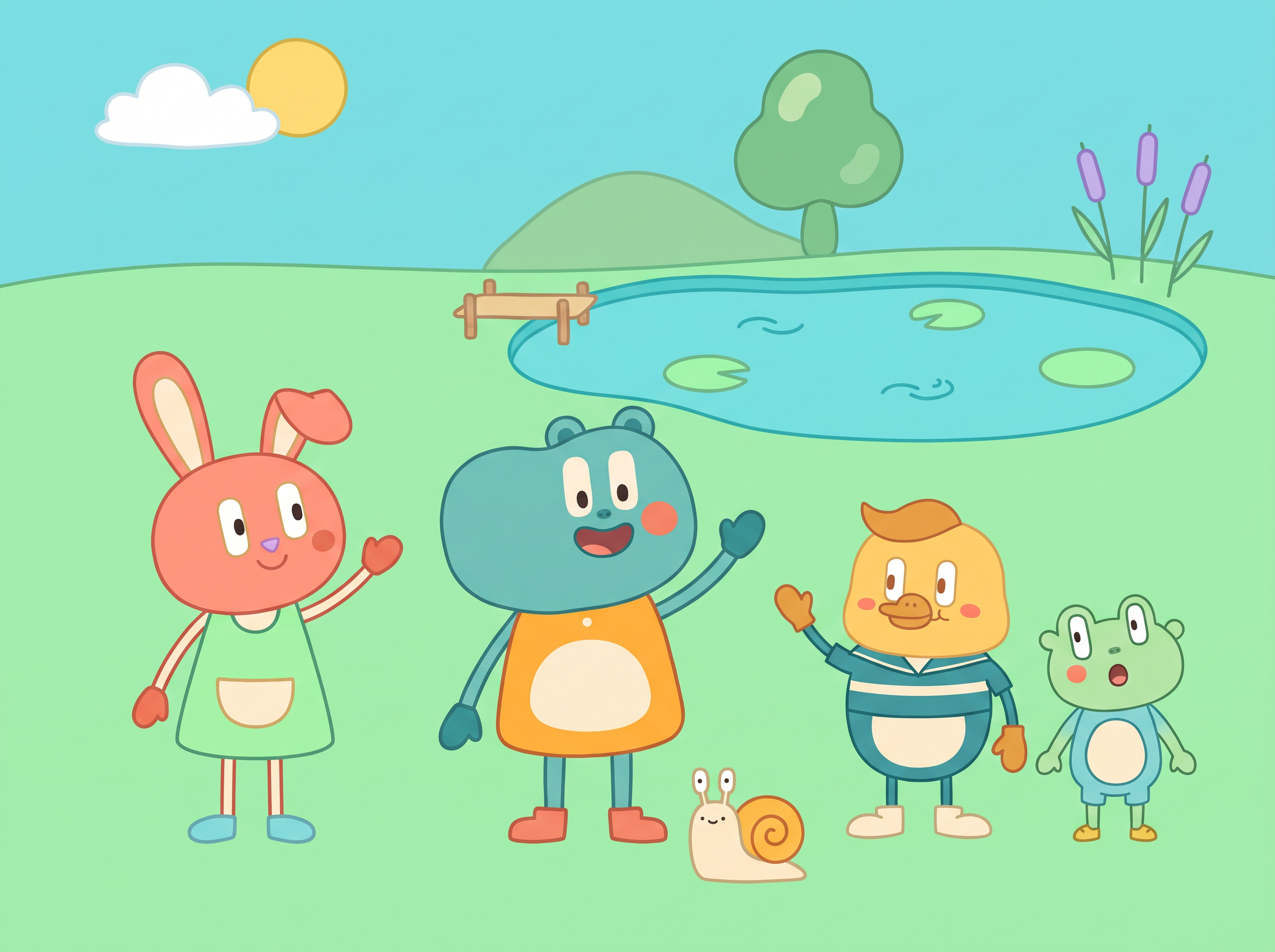 Poppy and Bogo Frog, Clemmie Bunny, Otto Duck, and Sir Slow enjoying a sunny day by the lily pond